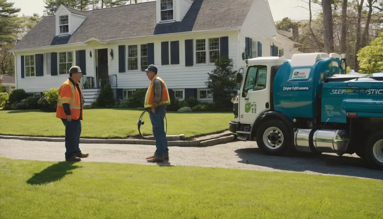 A friendly septic provider speaking with a homeowner beside a house in Boston