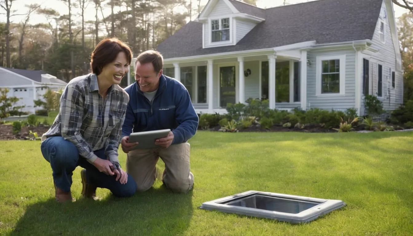 Septic provider explaining a system inspection to a homeowner in their yard near Boston